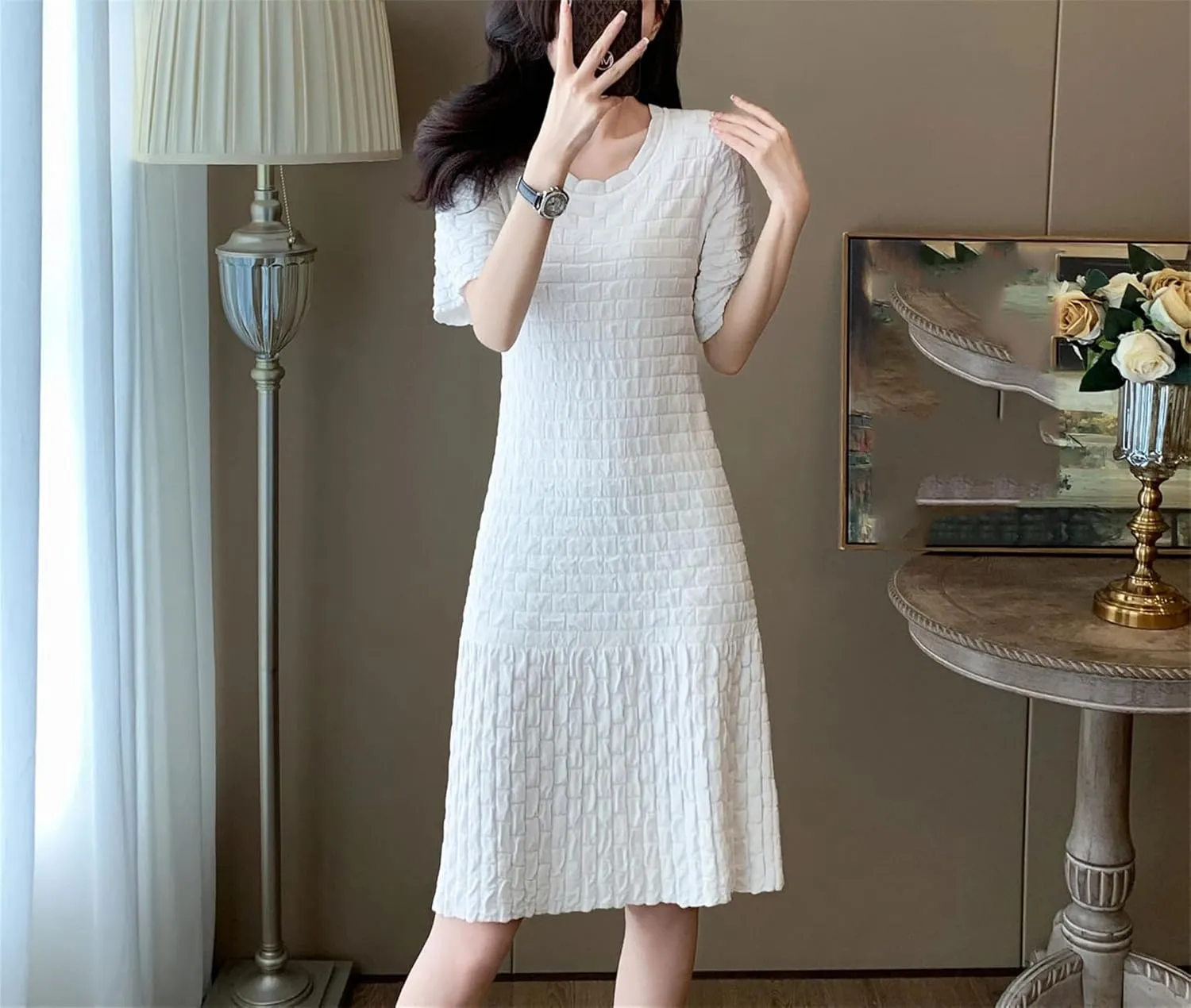 Women's Plaid Knitted Dress - O-Neck Short Sleeve Ruffled Pleated Party Dress