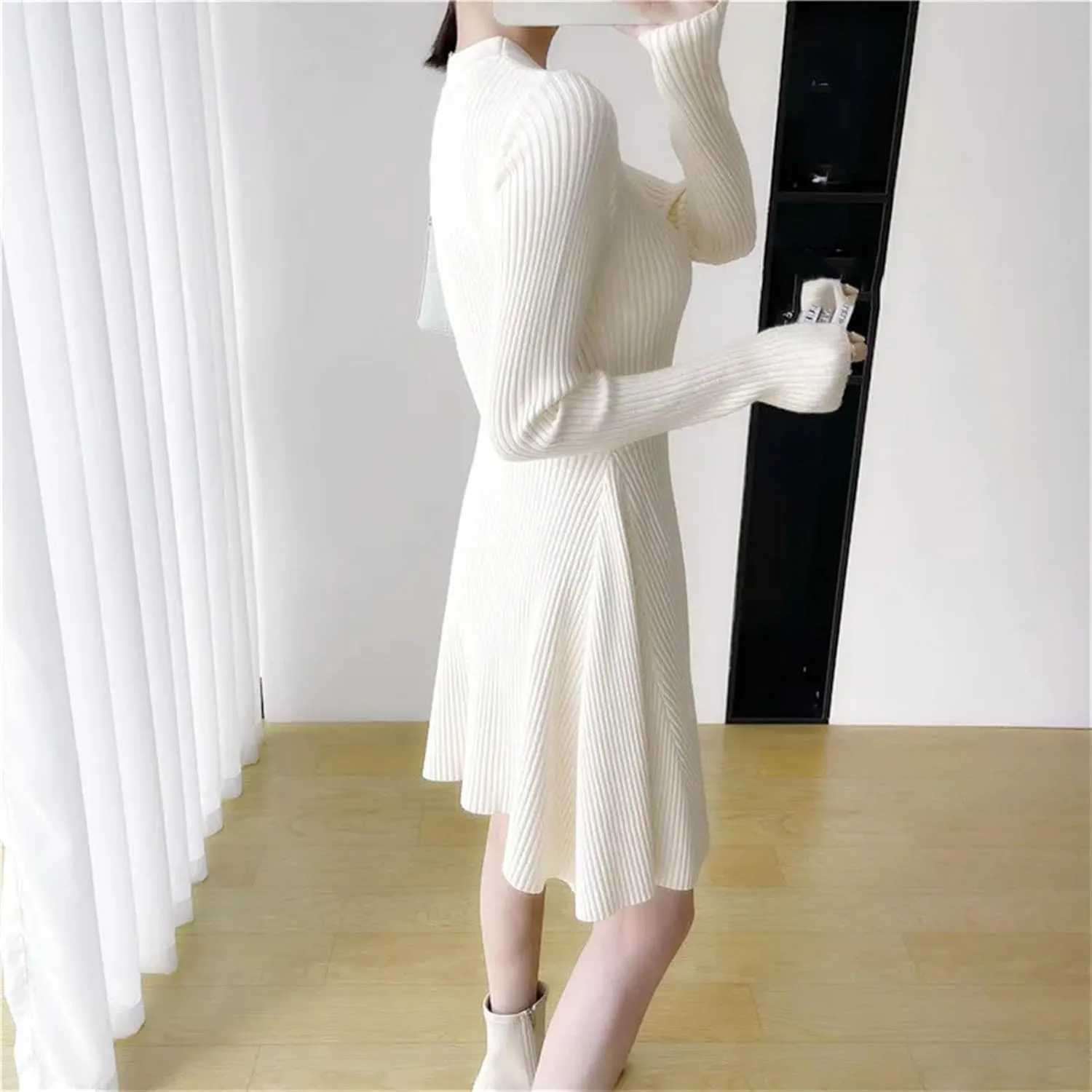 Women's Soft Knit Office Dress - O-Neck Long Sleeve Warm Slim A-Line