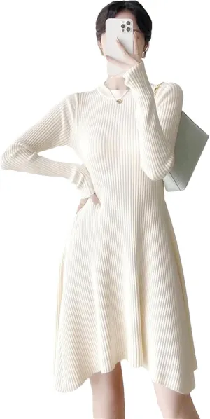 Women's Soft Knit Office Dress - O-Neck Long Sleeve Warm Slim A-Line