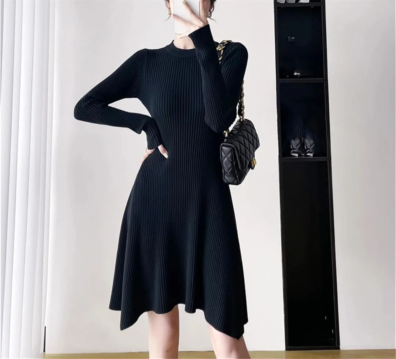 Women's Soft Knit Office Dress - O-Neck Long Sleeve Warm Slim A-Line