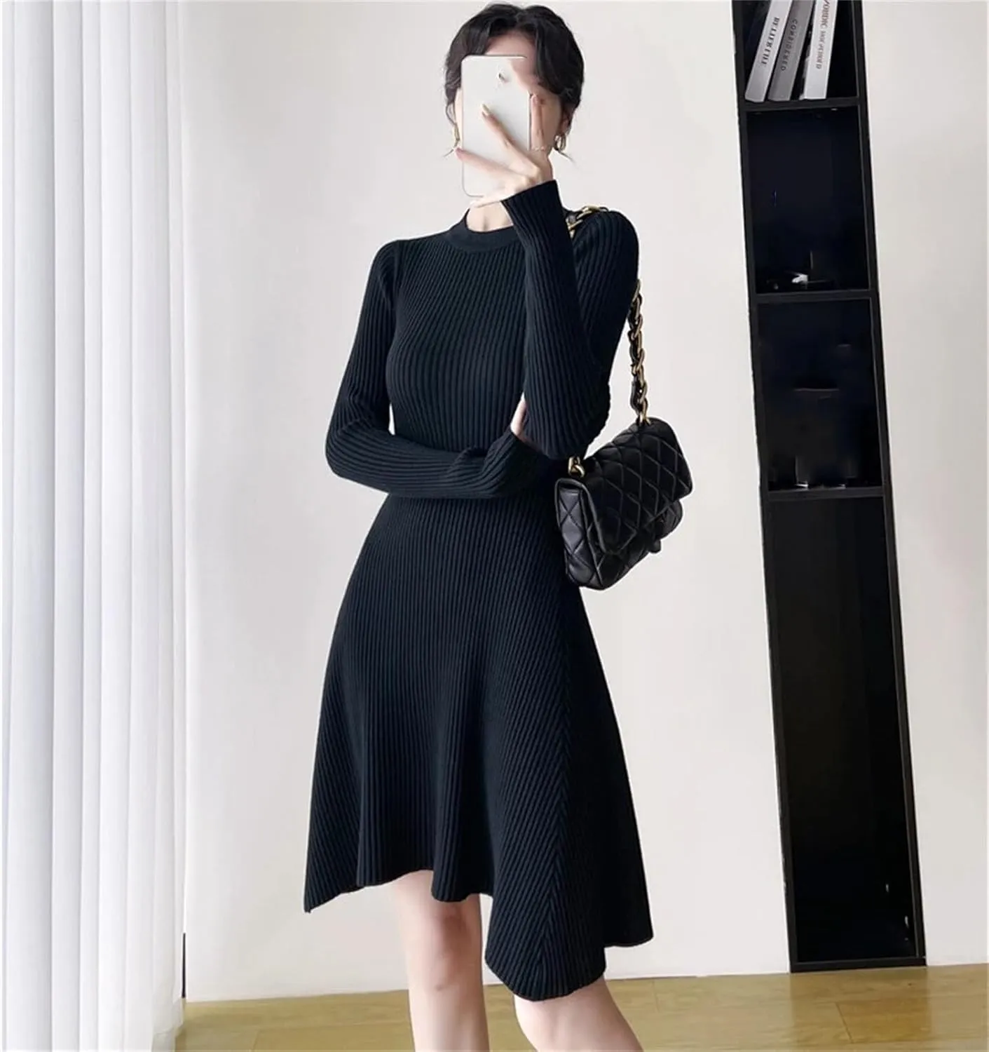 Women's Soft Knit Office Dress - O-Neck Long Sleeve Warm Slim A-Line