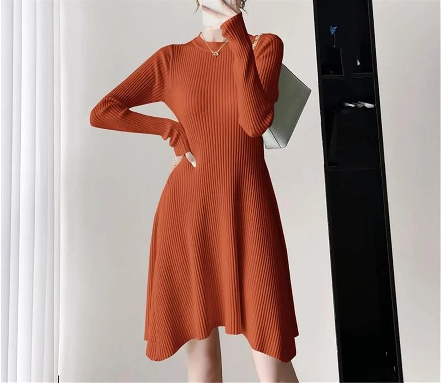 Women's Soft Knit Office Dress - O-Neck Long Sleeve Warm Slim A-Line