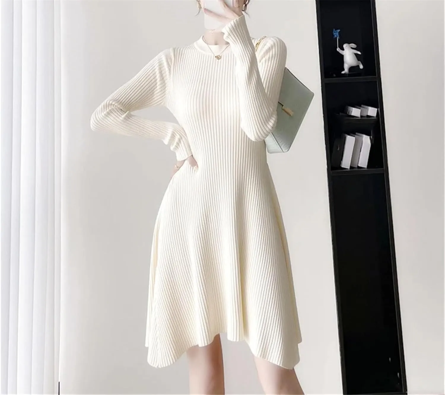 Women's Soft Knit Office Dress - O-Neck Long Sleeve Warm Slim A-Line