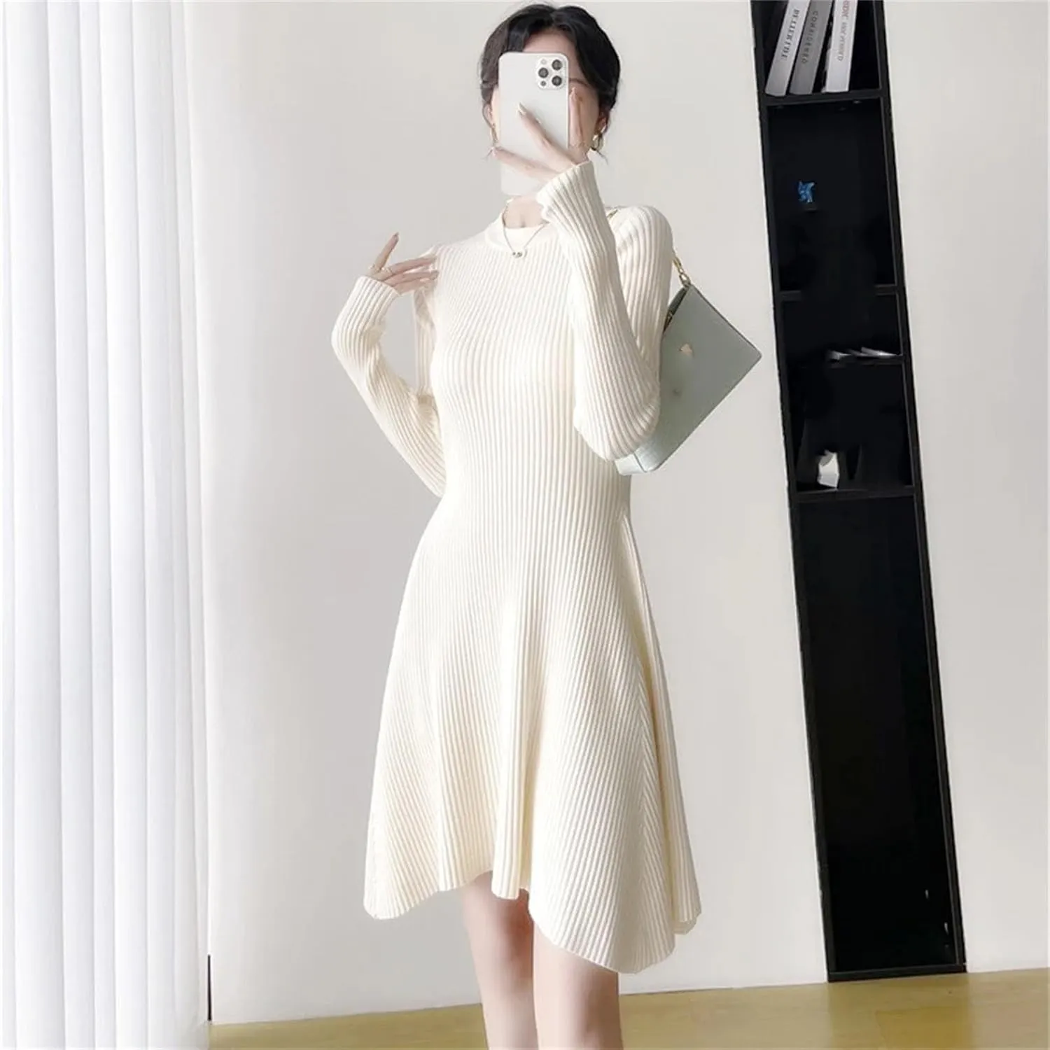 Women's Soft Knit Office Dress - O-Neck Long Sleeve Warm Slim A-Line