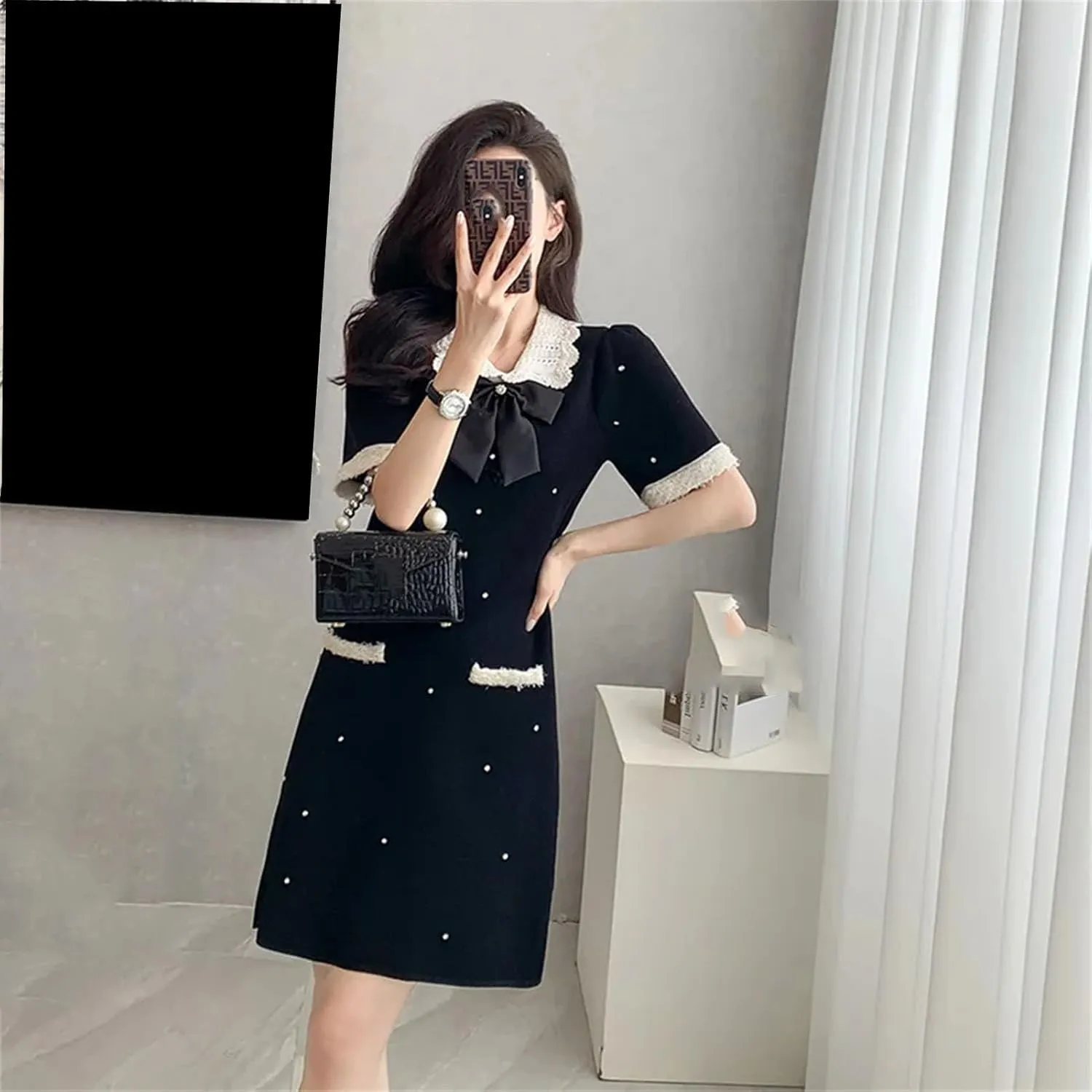Women's Summer Bow Diamond Knit Dress - Short Sleeve Beading Patchwork Mini