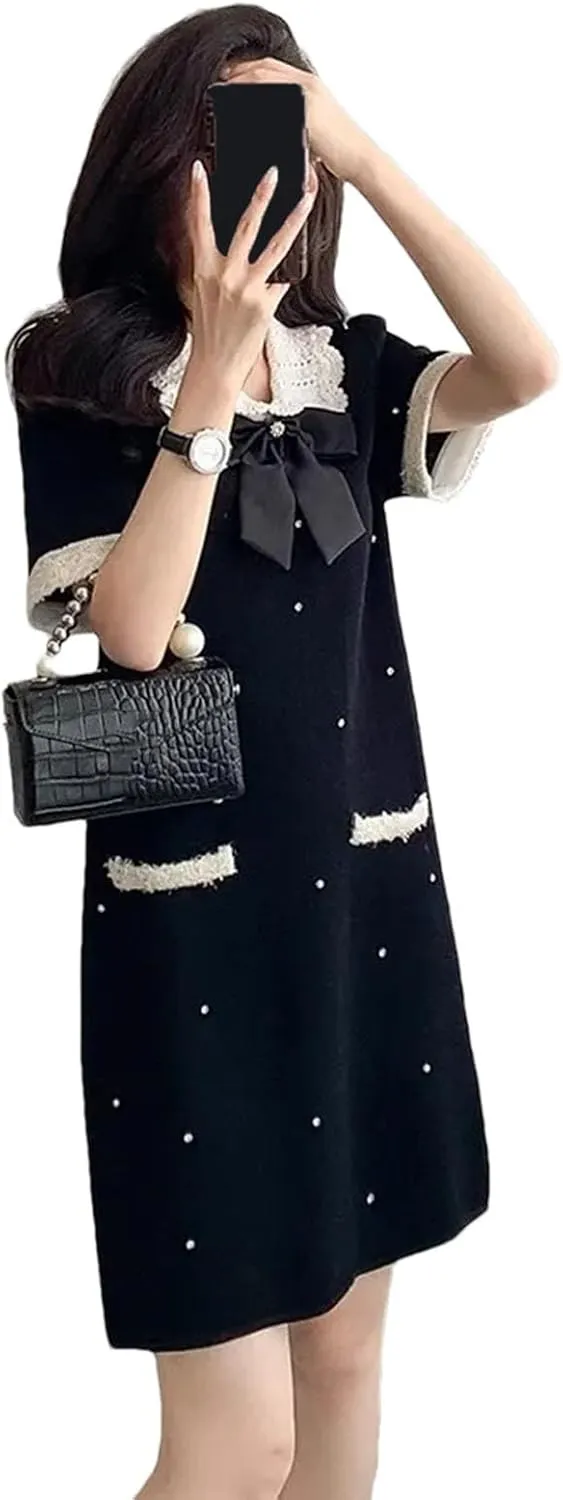 Women's Summer Bow Diamond Knit Dress - Short Sleeve Beading Patchwork Mini