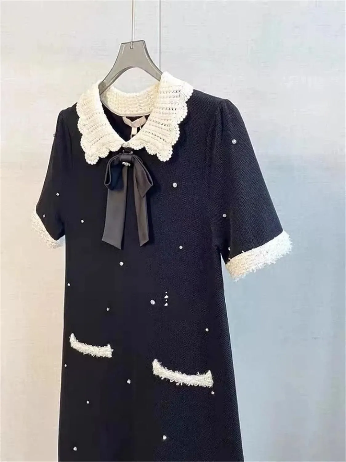Women's Summer Bow Diamond Knit Dress - Short Sleeve Beading Patchwork Mini