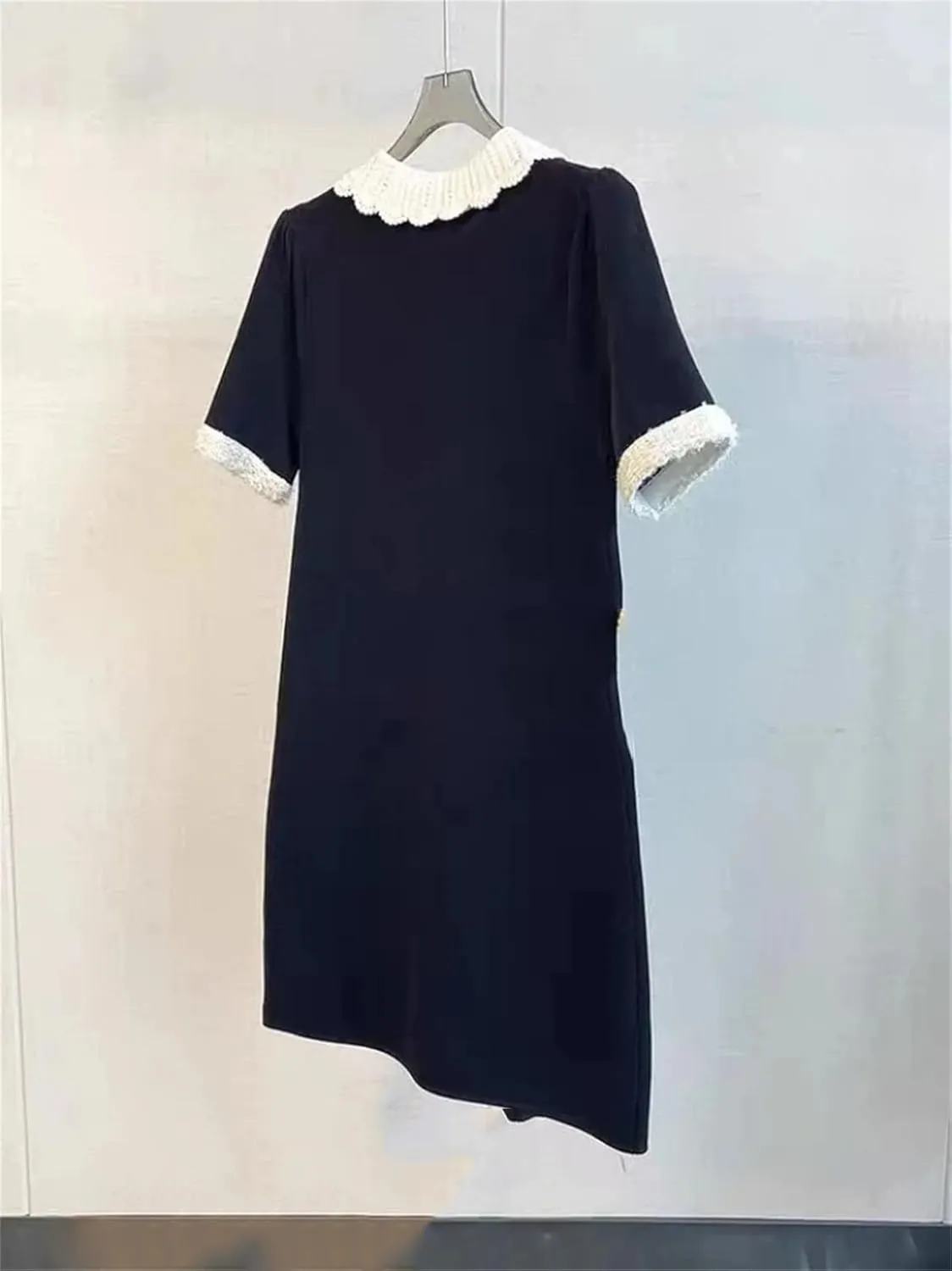 Women's Summer Bow Diamond Knit Dress - Short Sleeve Beading Patchwork Mini