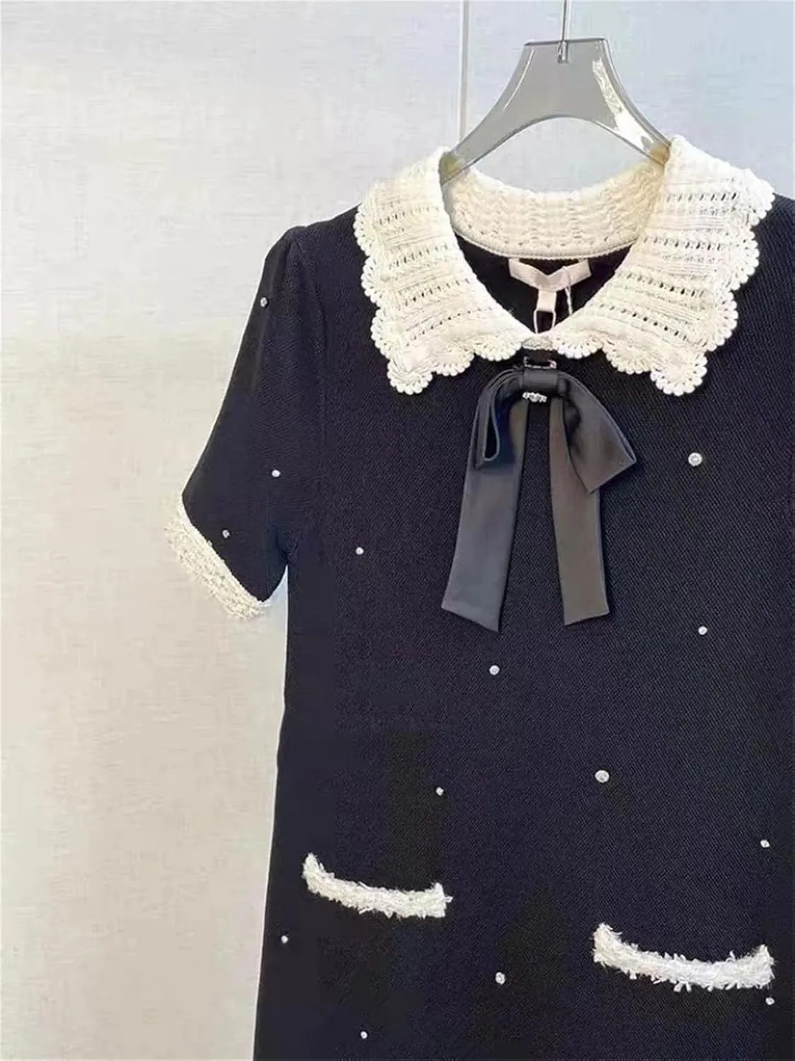 Women's Summer Bow Diamond Knit Dress - Short Sleeve Beading Patchwork Mini