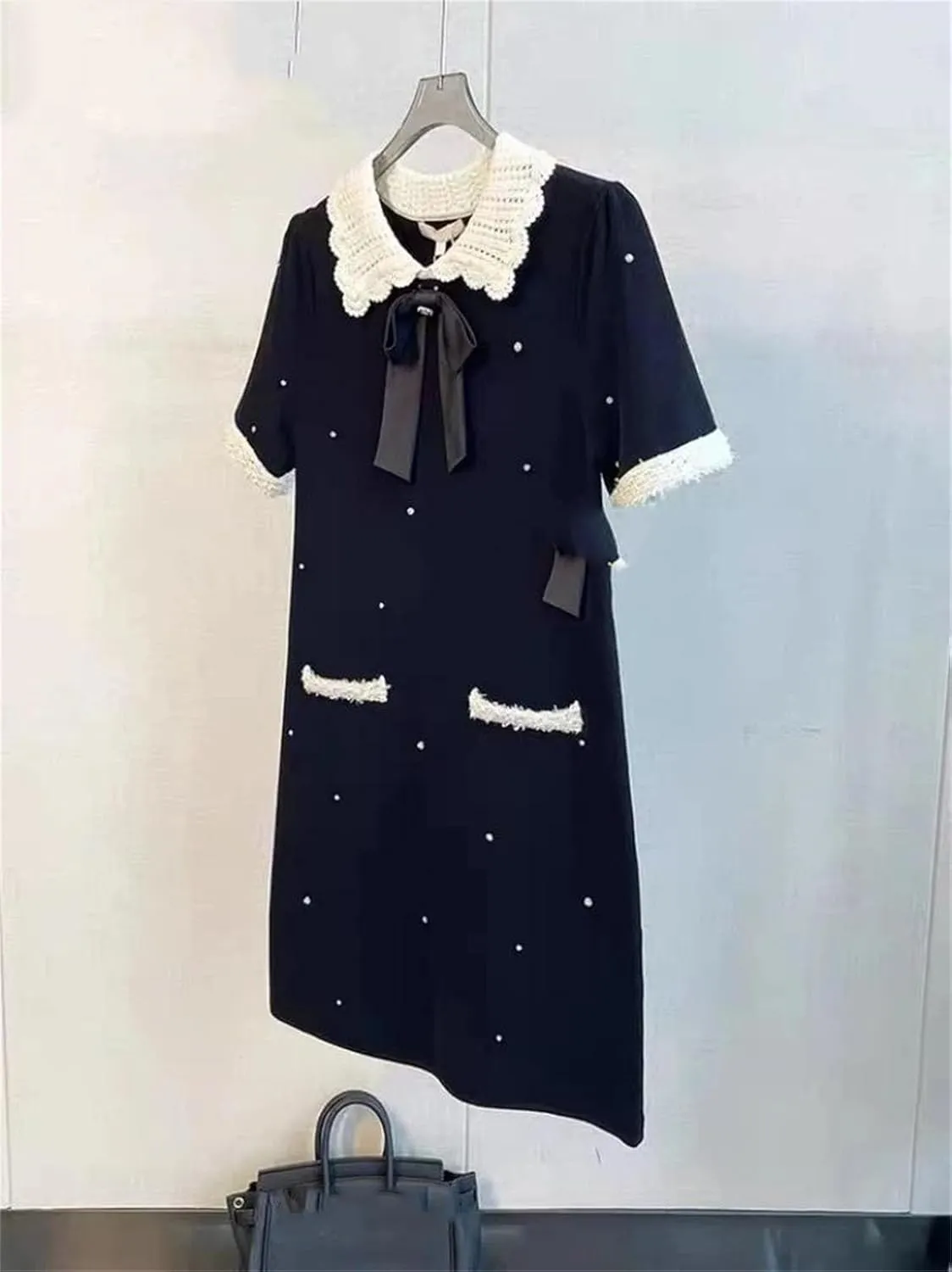 Women's Summer Bow Diamond Knit Dress - Short Sleeve Beading Patchwork Mini