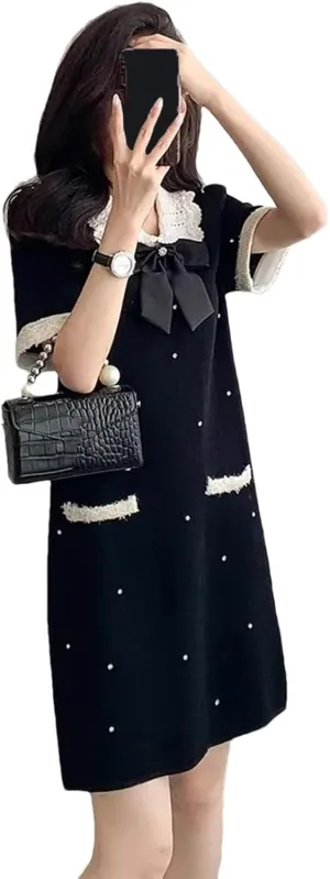 Women's Summer Bow Diamond Knit Dress - Short Sleeve Beading Patchwork Mini