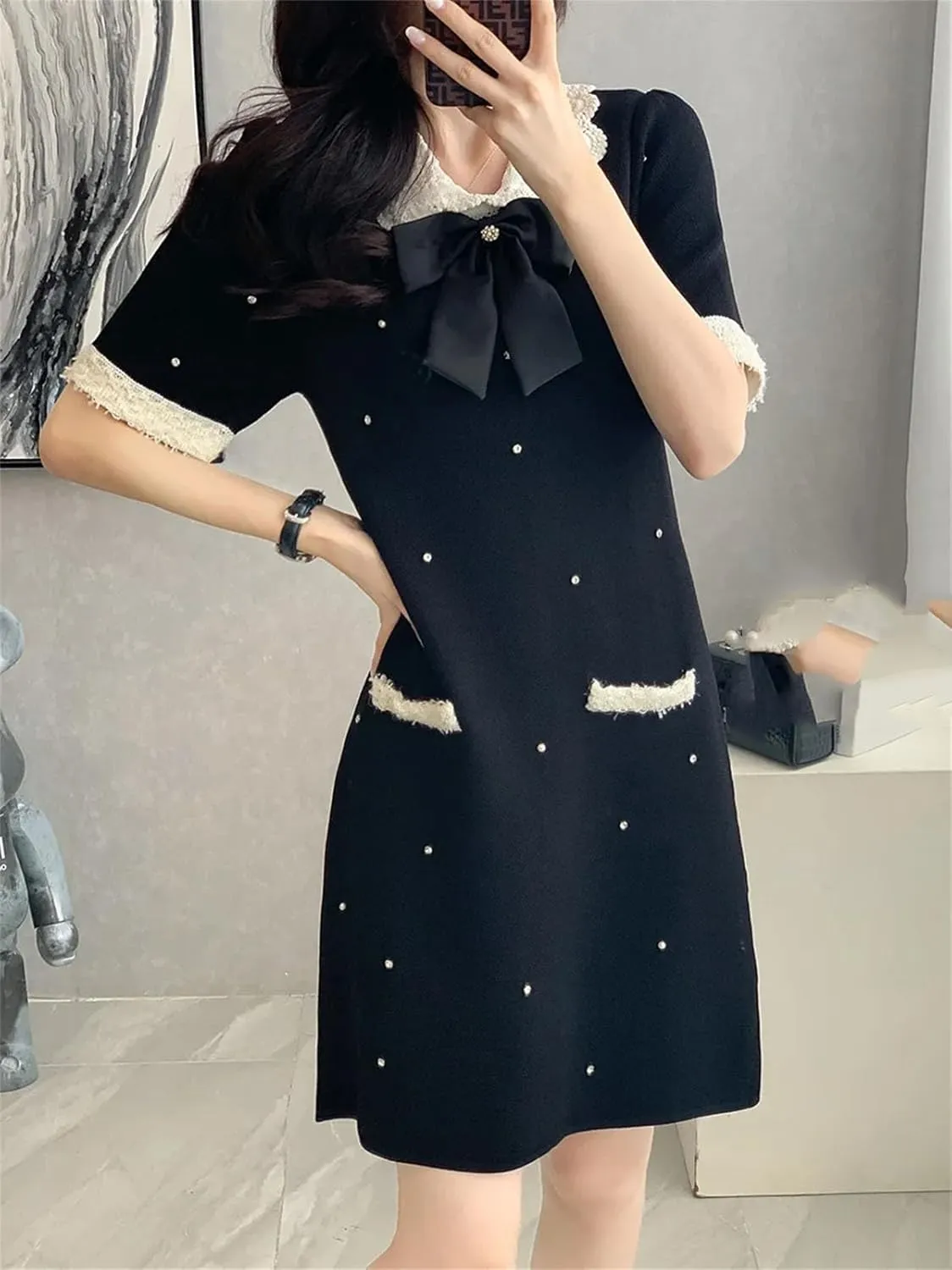 Women's Summer Bow Diamond Knit Dress - Short Sleeve Beading Patchwork Mini