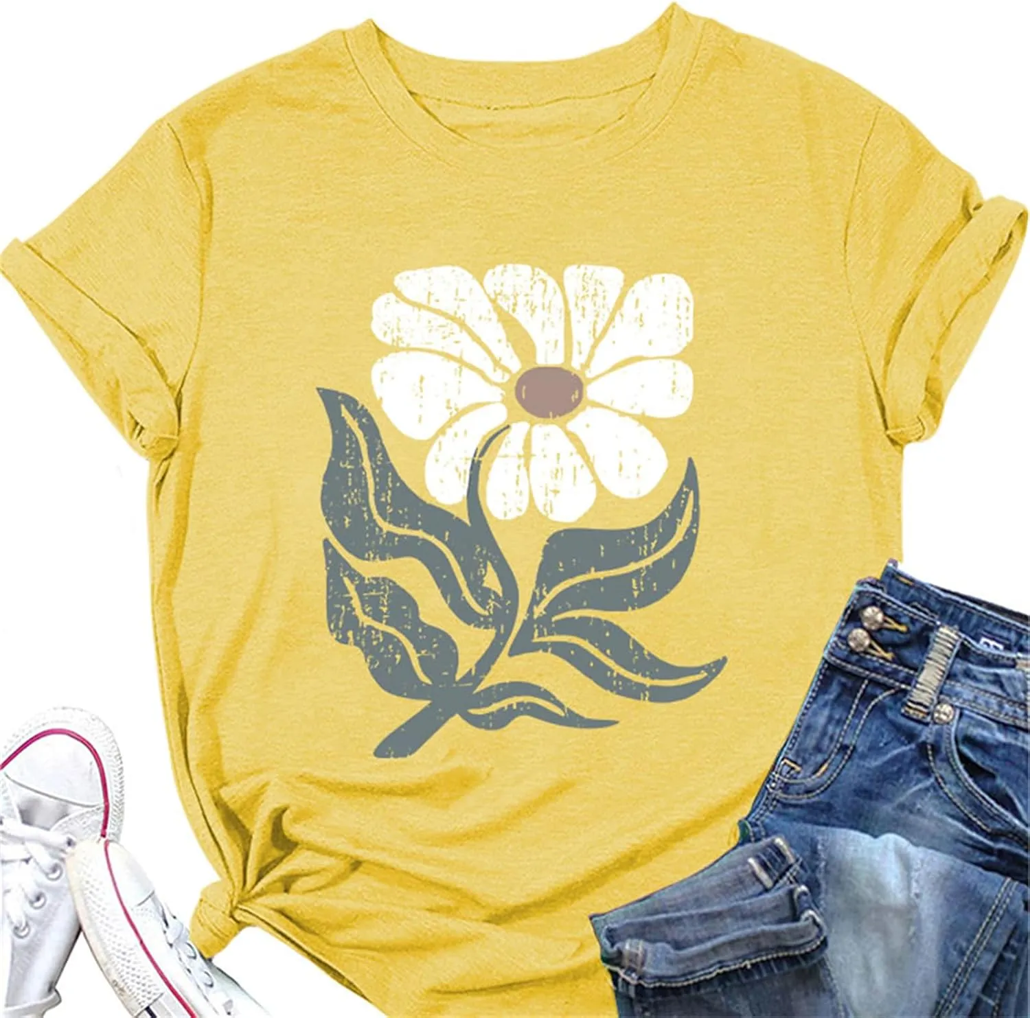 Women's Vintage Floral Pattern Shirt Boho Short Sleeve T-Shirt Cute Dandelion Plant Wildflower Shirt Gardening Lover Gift