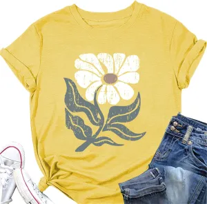 Women's Vintage Floral Pattern Shirt Boho Short Sleeve T-Shirt Cute Dandelion Plant Wildflower Shirt Gardening Lover Gift