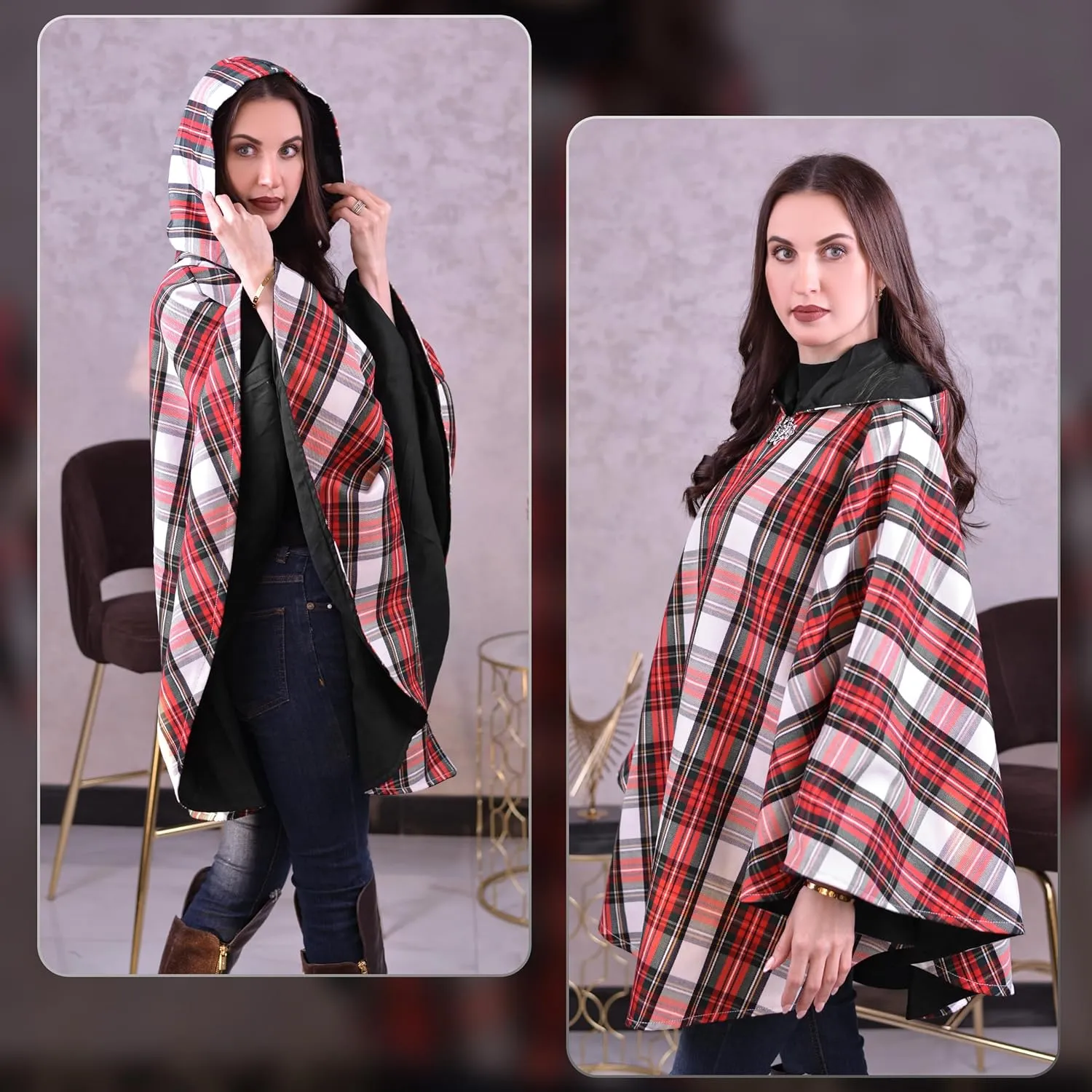 Women's Vintage Plaid Knitted Scottish Cape Traditional Cardigan
