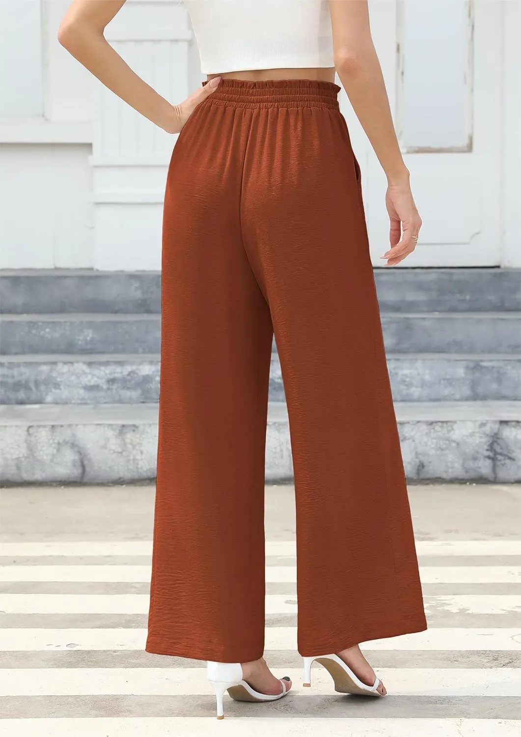 Women's Wide Leg Linen Pants High Waisted Flowy Palazzo Pants Lounge Loose Casual Work Pants Trousers Pockets