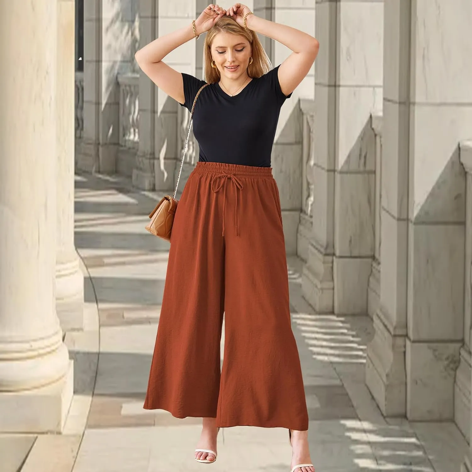 Women's Wide Leg Linen Pants High Waisted Flowy Palazzo Pants Lounge Loose Casual Work Pants Trousers Pockets